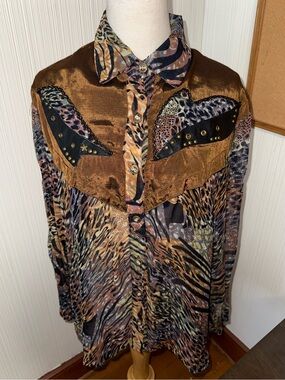 Vintage Jenny-I Animal Print Satin Button-Up Shirt in Brown & Black Small